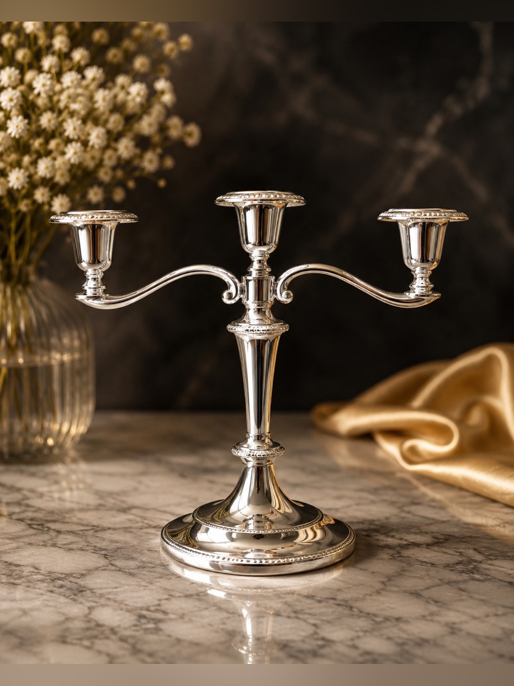 Classic 3 Arm Silver Tone Candle Holder Vintage Inspired Home Decor • Romantic